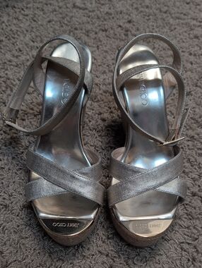 Jimmy Choo Metallic Silver Crisscross Ankle-Strap Heels